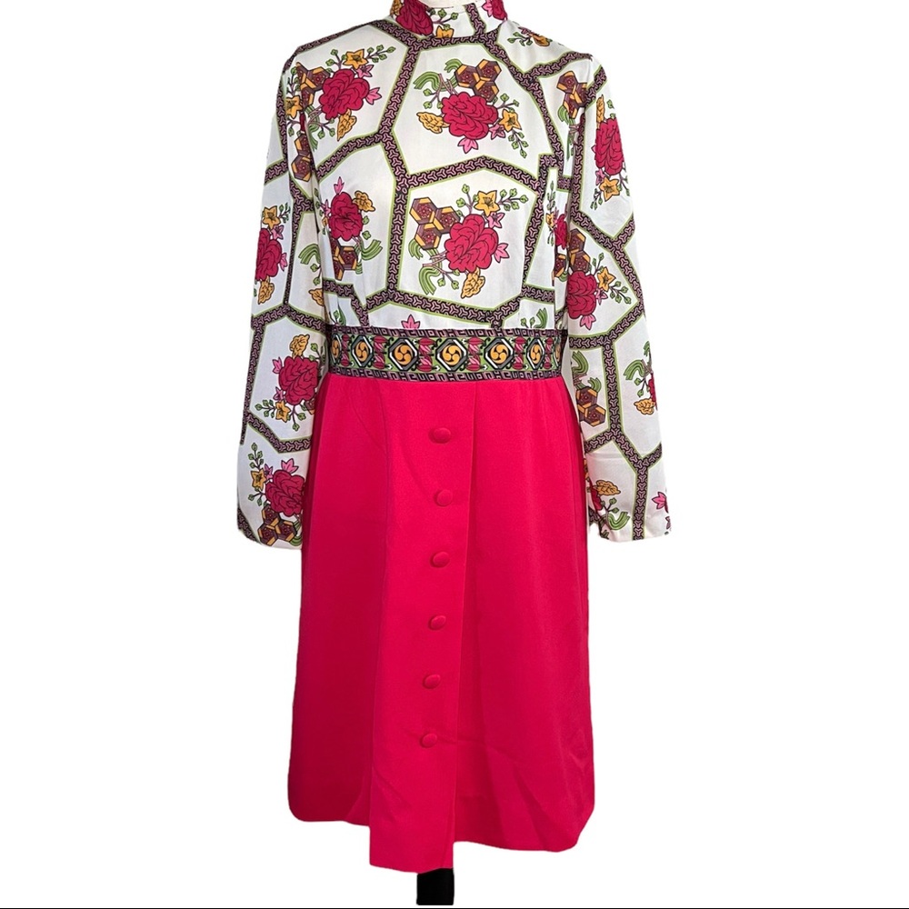 Vintage ‘70s Mod Long Sleeve Floral Print Hot Pink Dress